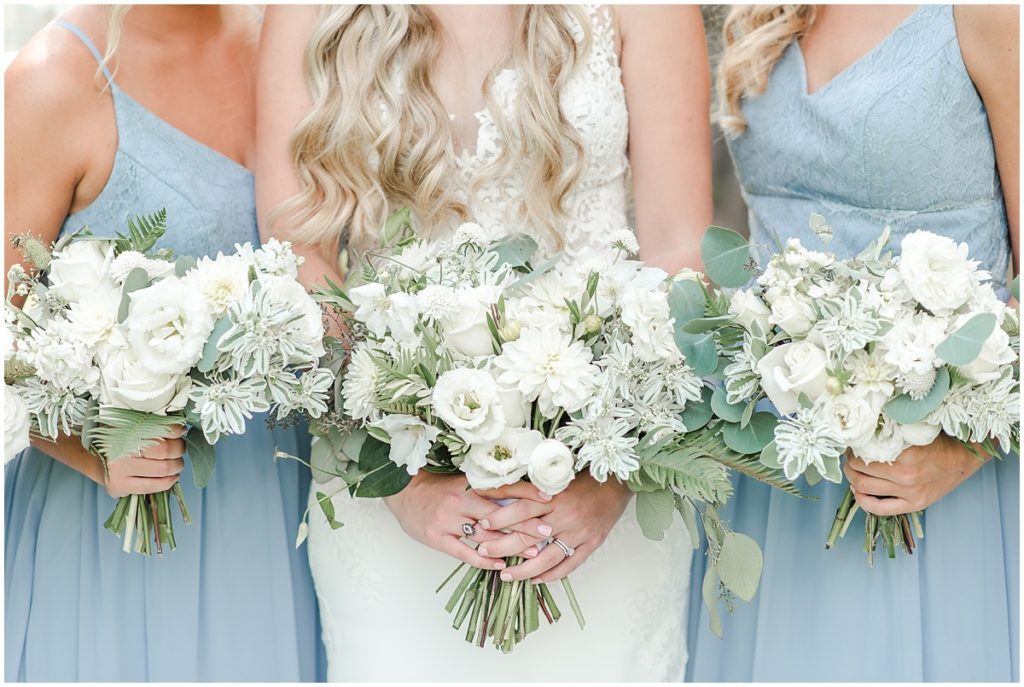 bridal details / bridesmaids / dusty blue bridesmaid dresses / white and green bouquets / wedding details