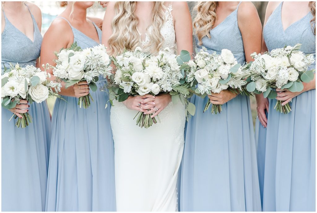bridal details / bridesmaids / dusty blue bridesmaid dresses / white and green bouquets / wedding details