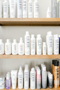 shelves in a salon with hair products
